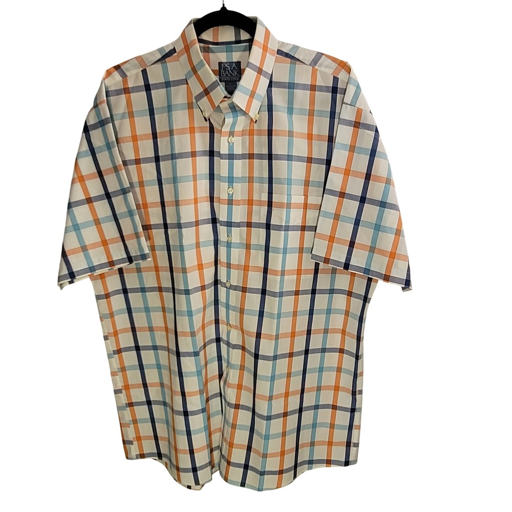 Jos. A. Bank Button Down Mens Large White Orange Blue Plaid Stays Cool Cotton SS